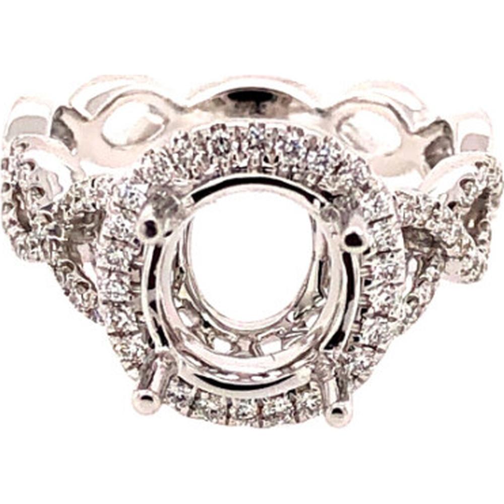 18K White Gold Oval Semi-Mount Ring with Diamond Halo and Diamond Accented Shoulders by Afarin