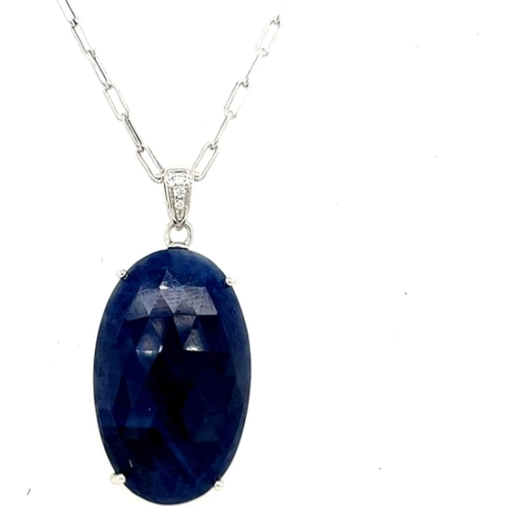 18K White Gold Oval Slice Sapphire Pendant with Diamond Accent Bail by Afarin