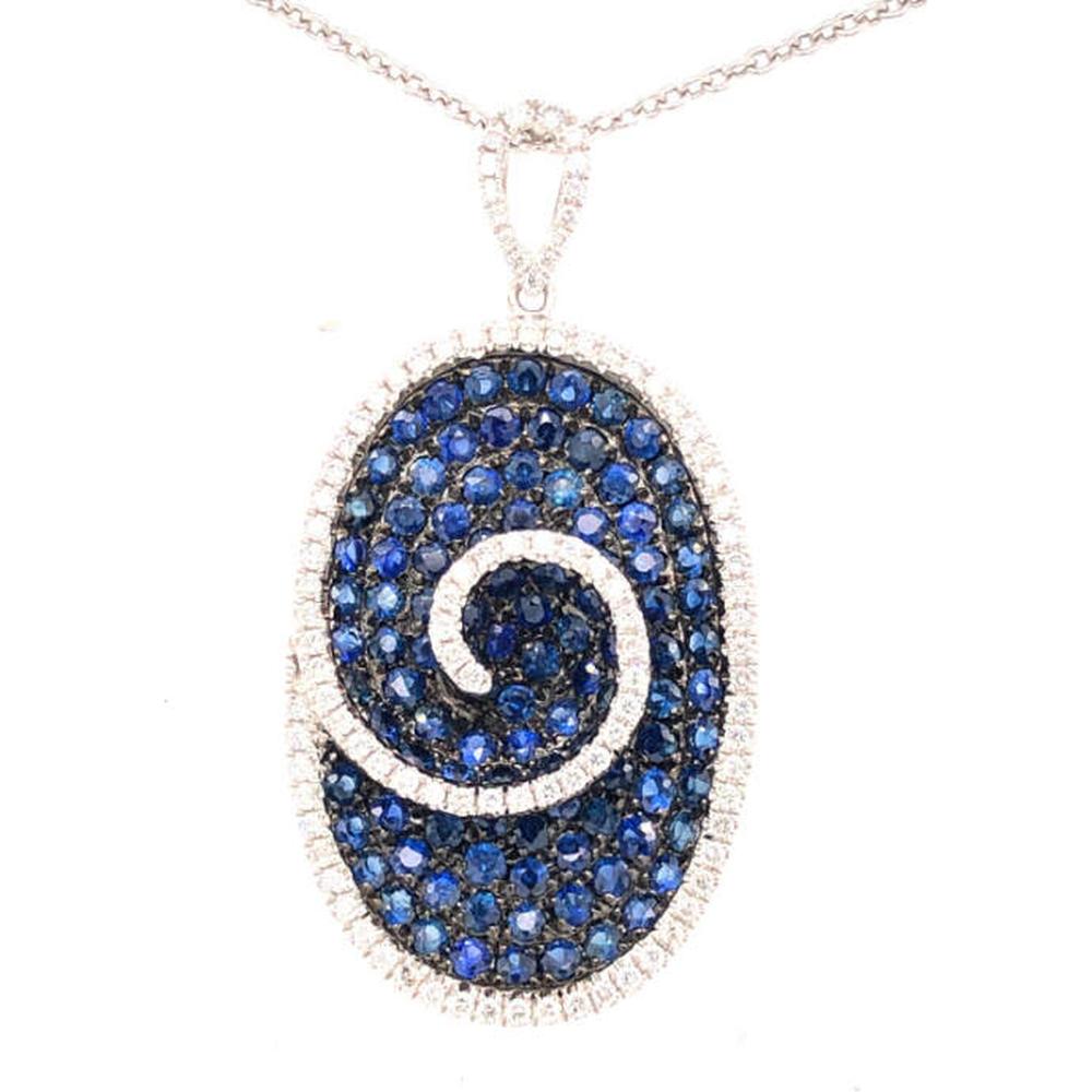 18K White Gold Oval Spiral Pendant with Blue Sapphires and Black Diamonds by Afarin
