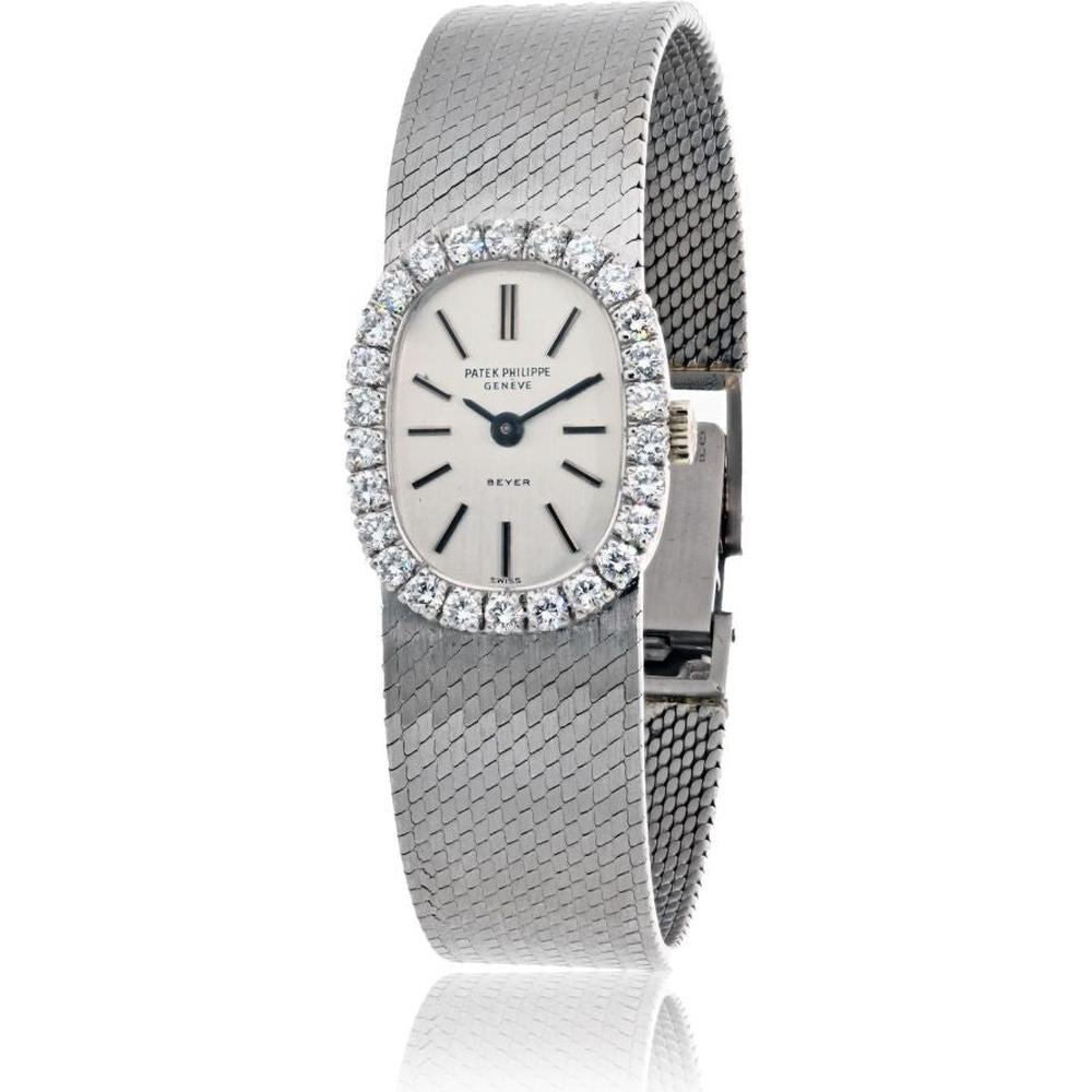 18K White Gold Oval Vintage Patek Philippe Beyer Watch with Diamond Bezel and Mesh Bracelet