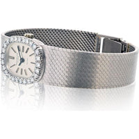 18K White Gold Oval Vintage Patek Philippe Beyer Watch with Diamond Bezel and Mesh Bracelet