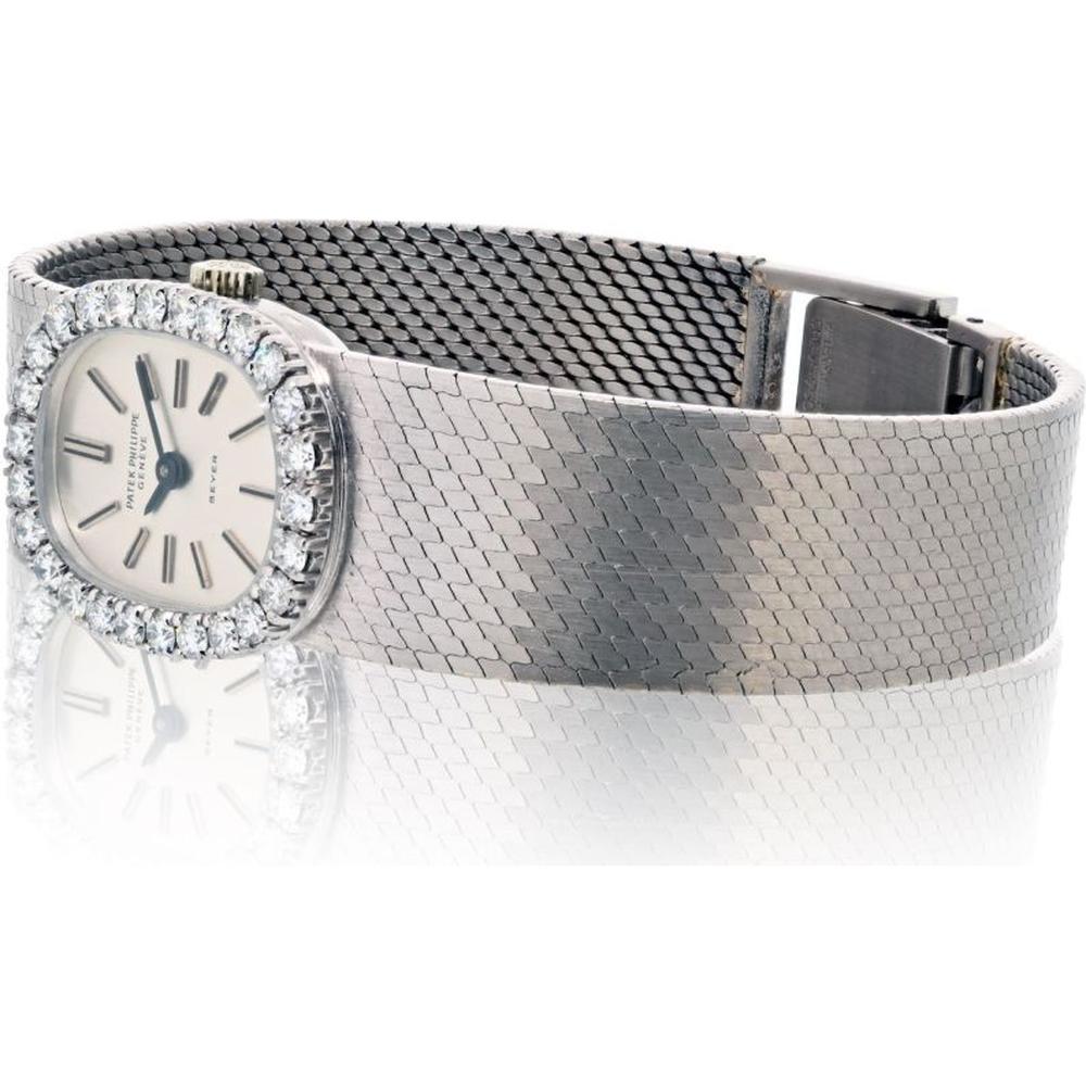18K White Gold Oval Vintage Patek Philippe Beyer Watch with Diamond Bezel and Mesh Bracelet