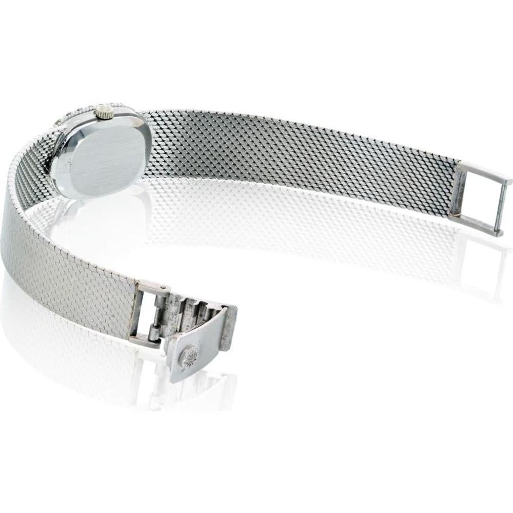 18K White Gold Oval Vintage Patek Philippe Beyer Watch with Diamond Bezel and Mesh Bracelet