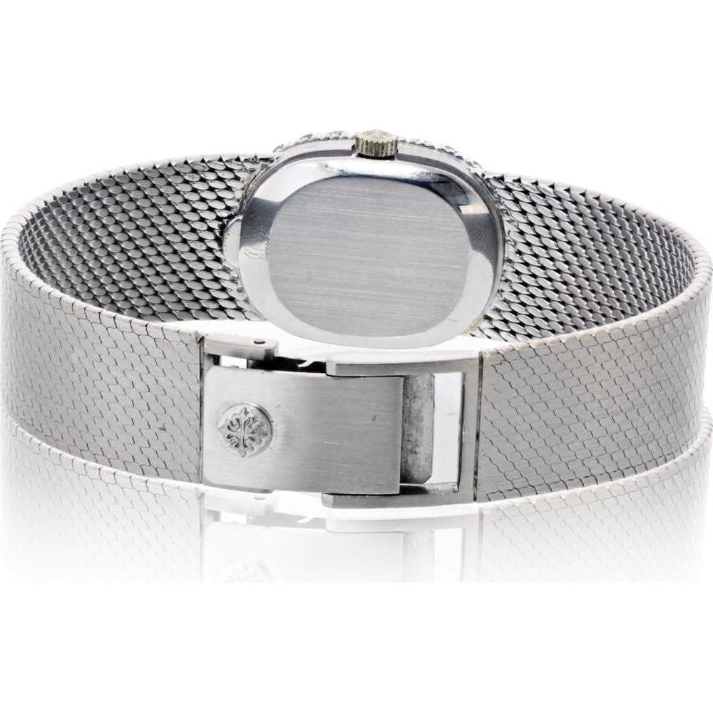 18K White Gold Oval Vintage Patek Philippe Beyer Watch with Diamond Bezel and Mesh Bracelet