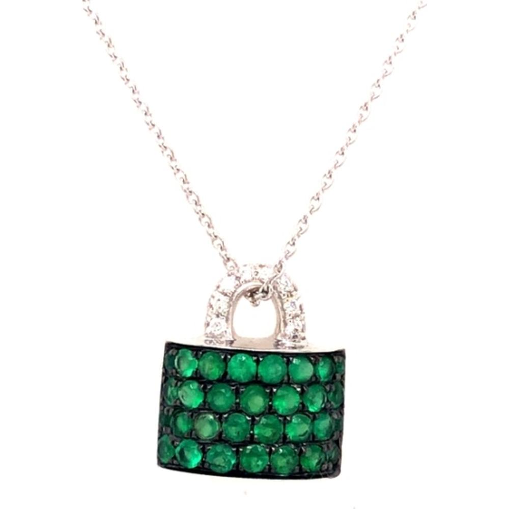 18K White Gold Padlock Pendant Necklace with Round Emeralds and Diamond Accents by Afarin