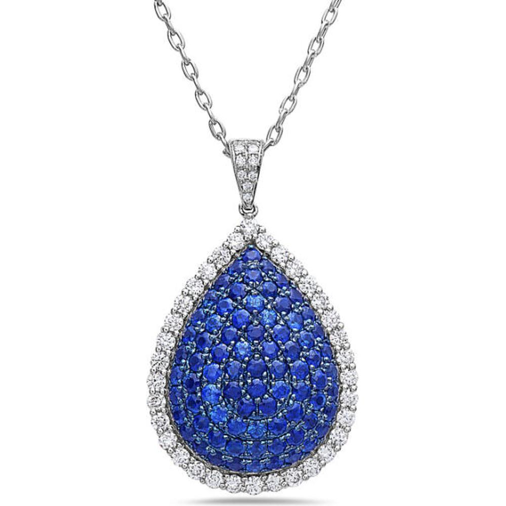 18K White Gold Pear-Shaped Blue Sapphire Pendant with Diamond Halo by Afarin