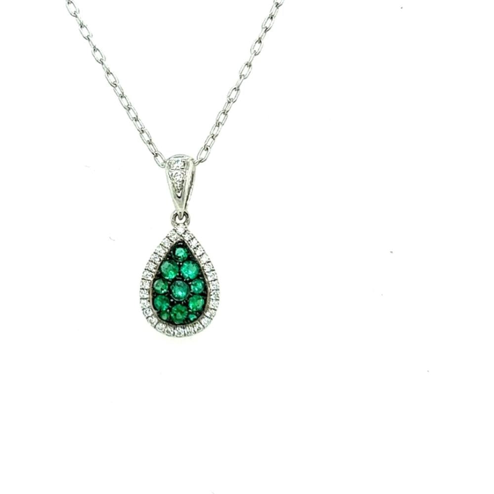 18K White Gold Pear-Shaped Emerald Cluster Halo Pendant with Diamonds by Afarin