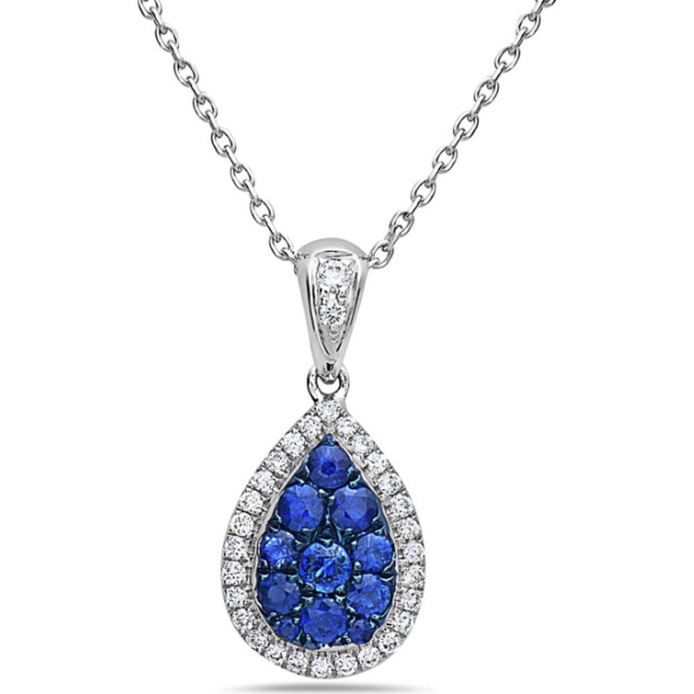18K White Gold Pear-Shaped Pendant with Blue Sapphires and Diamond Halo by Afarin