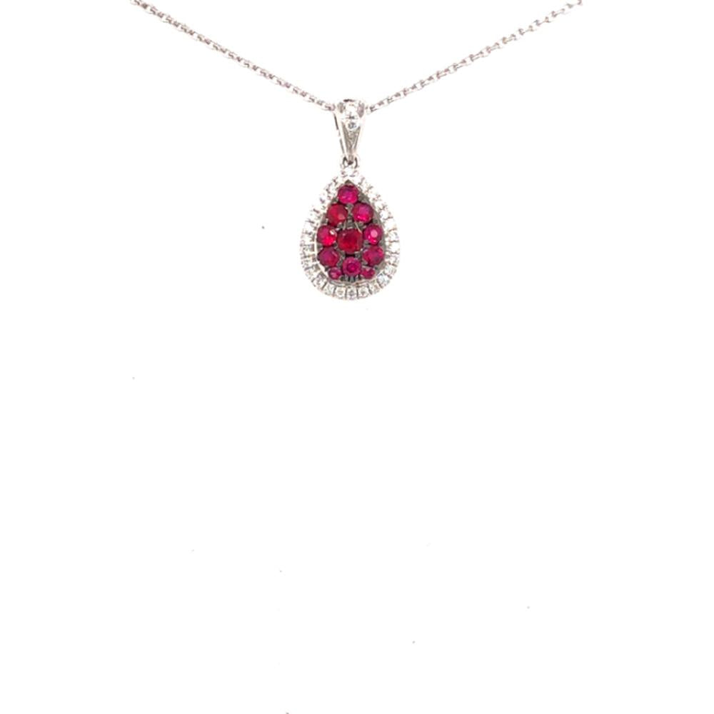 18K White Gold Pear-Shaped Pendant with Round Rubies and Diamond Halo by Afarin