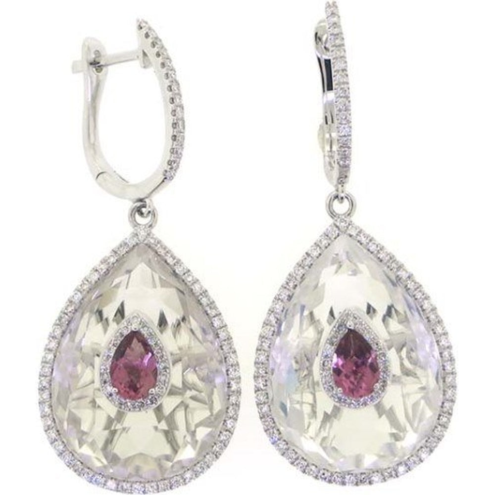 18K White Gold Pear-Shaped Pink Tourmaline and Rock Crystal Quartz Halo Drop Earrings with Pavé Set Diamonds - 0.86 Carat Total Diamond Weight by Auriventus