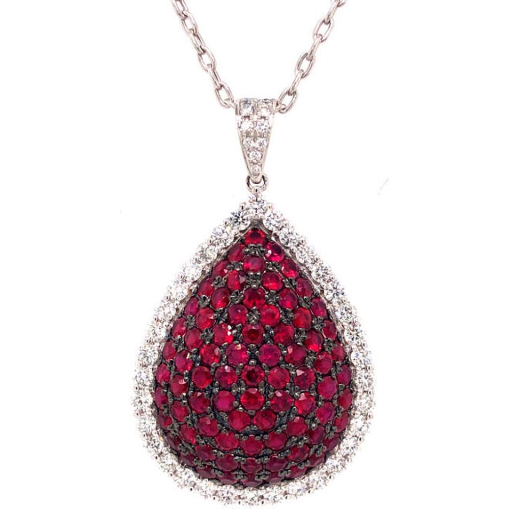 18K White Gold Pear-Shaped Ruby Pavé Pendant with Diamond Halo by Afarin
