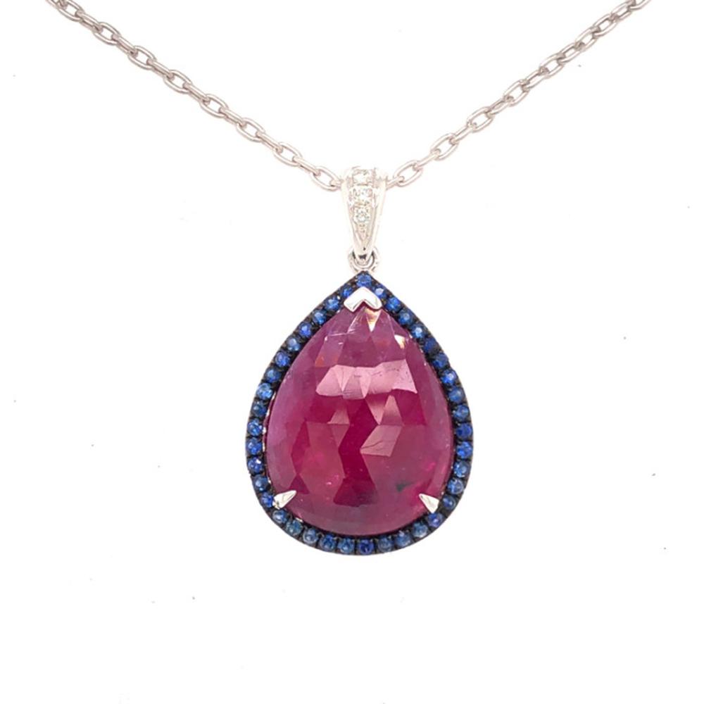 18K White Gold Pear-Shaped Ruby Pendant with Blue Sapphire Halo and Diamond Accent Bail by Afarin