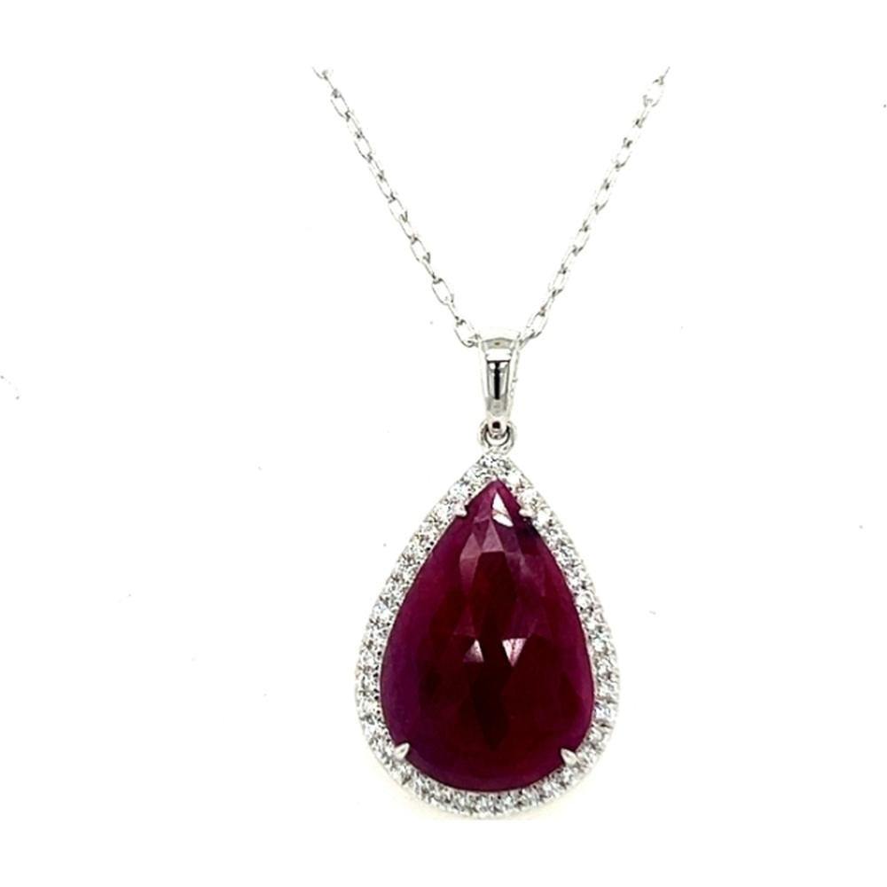 18K White Gold Pear-Shaped Sliced Ruby Pendant with Diamond Halo by Afarin
