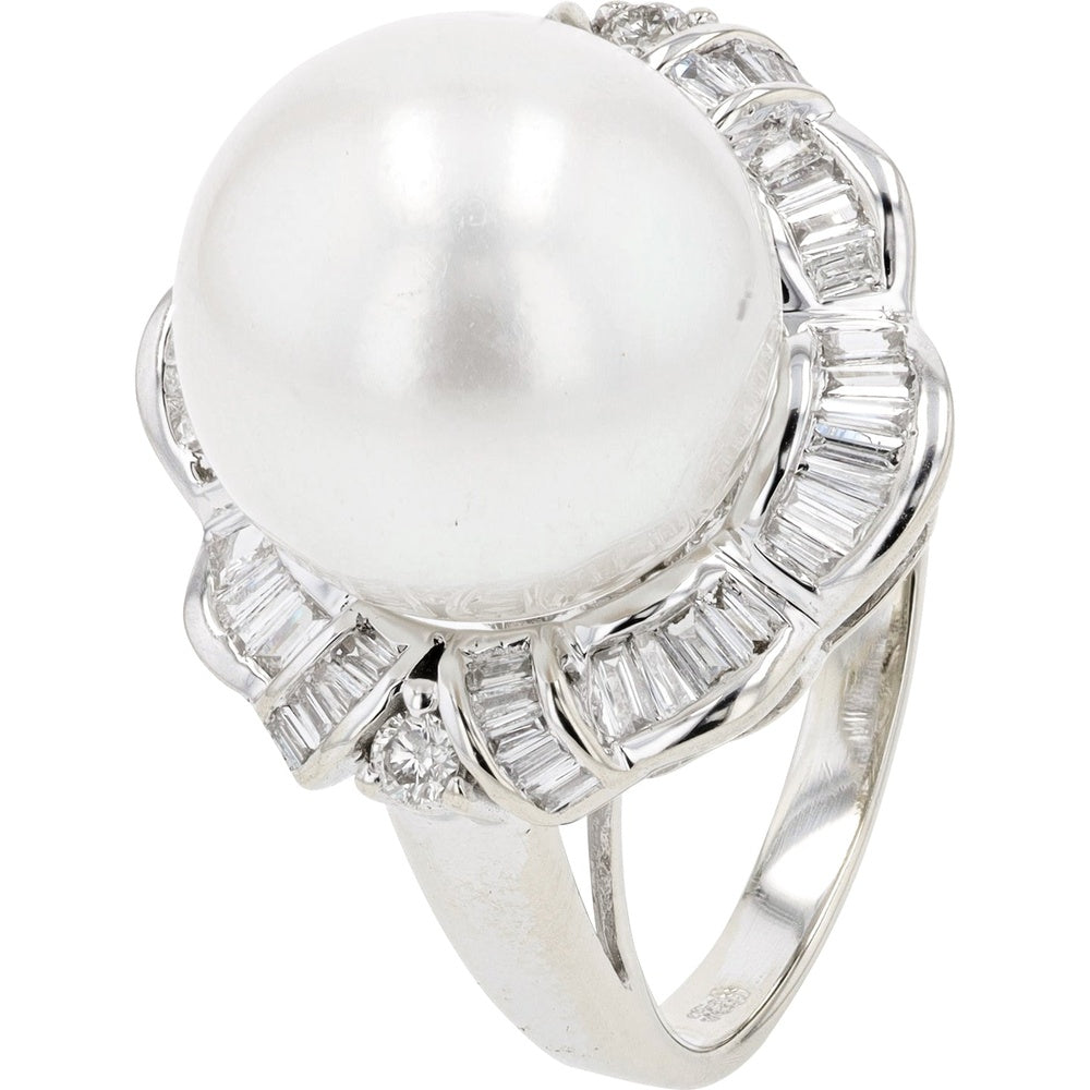 18K White Gold Pearl Ring with Channel-Set Baguette and Round Diamond Halo - 0.85 Carat Total Diamond Weight, Size 8