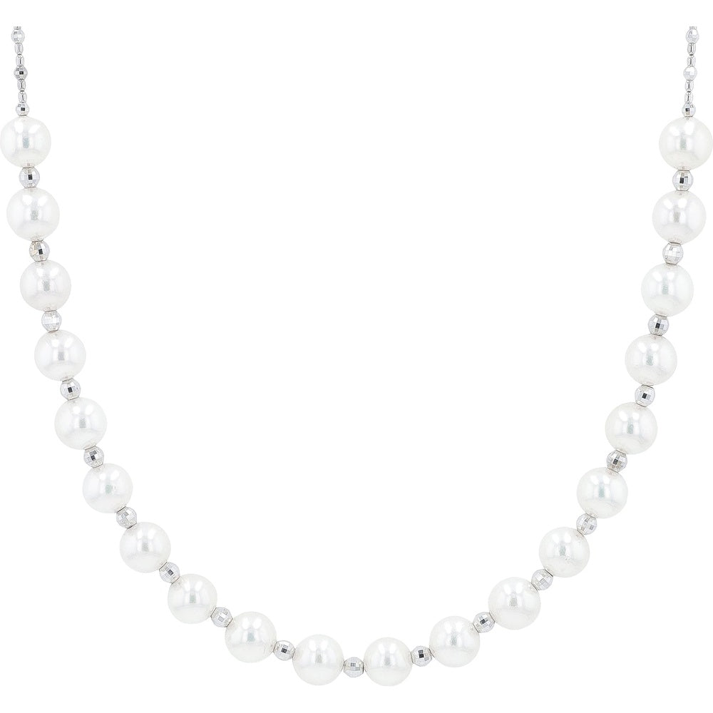 18K White Gold Pearl Station Necklace with Spaced Lustrous Pearls - 18 Inch Chain Length