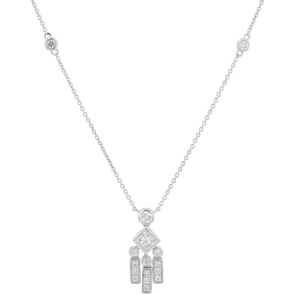 18K White Gold Pendant Necklace with 0.72 Carat Princess Cut Diamond and 0.88 Carat Total Round Diamonds - 1.60 Carat Total Diamond Weight