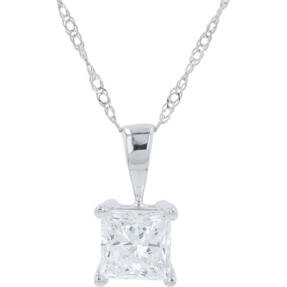 18K White Gold Pendant Necklace with 4-Prong Set Princess Cut Diamond - 1.00 Carat Total Diamond Weight