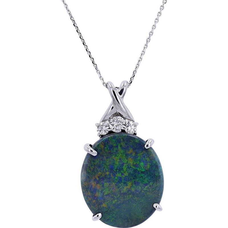 18K White Gold Pendant Necklace with 5.85 Carat Black Opal and Diamond Accents - 18" Chain