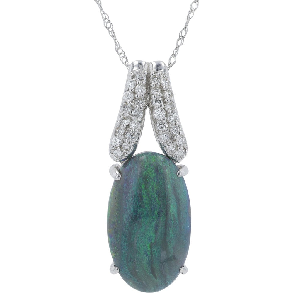18K White Gold Pendant Necklace with Oval Cabochon Opal and Pavé-Set Diamond Bail - 6.26 Carat Opal and 0.28 Carat Diamond Total Weight