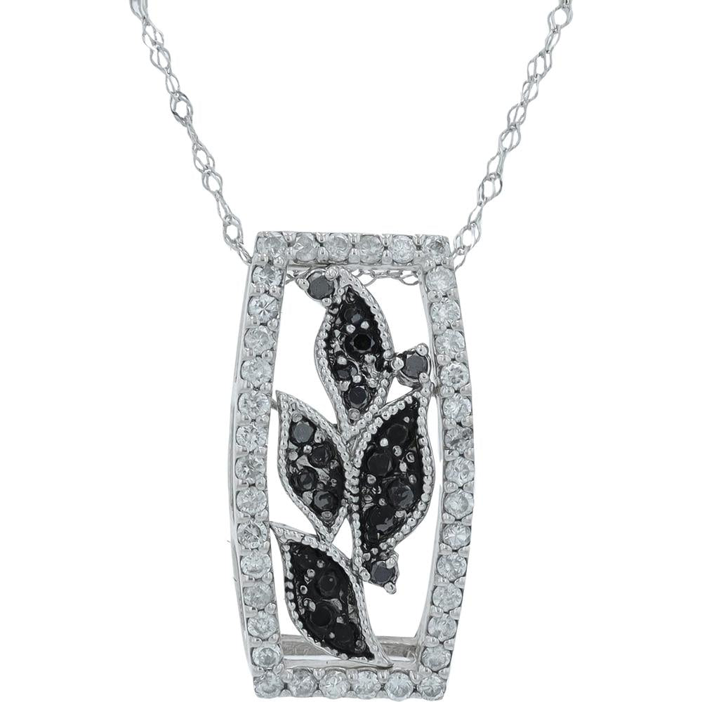 18K White Gold Pendant with 0.57 Carats of Round and Black Diamonds in Leaf Motif - 18" Chain