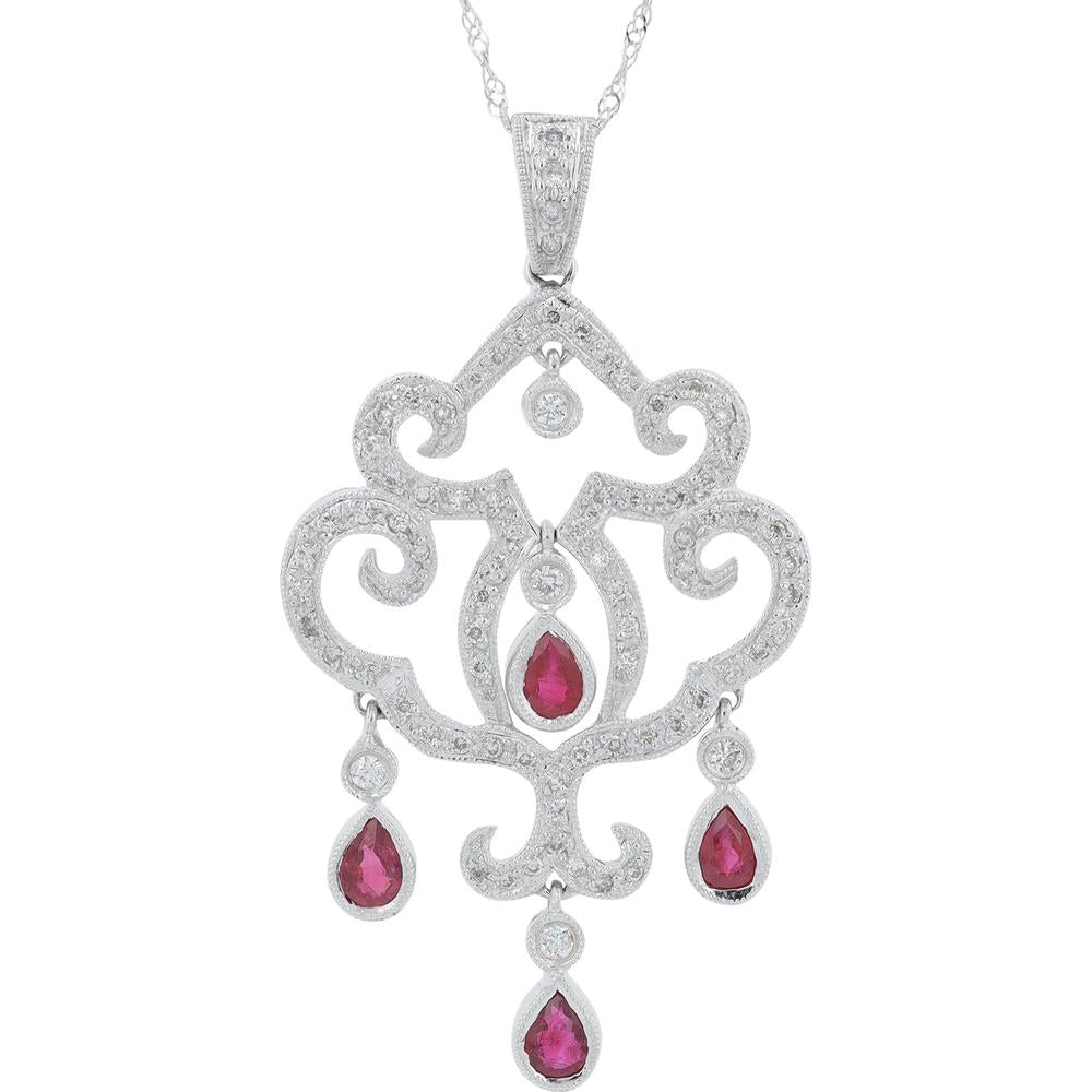 18K White Gold Pendant with 0.90 Carat Pear - Shaped Rubies and 0.45 Carat Total Diamonds - Elegant Scroll Design