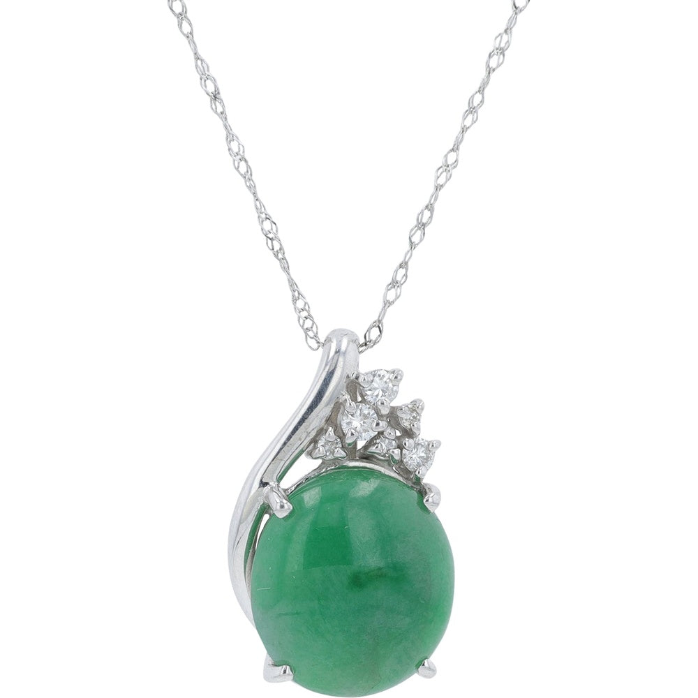 18K White Gold Pendant with 5.80 Carat Oval Cabochon Jade and 0.12 Carat Round Diamond Cluster Accents on 18 Inch Chain