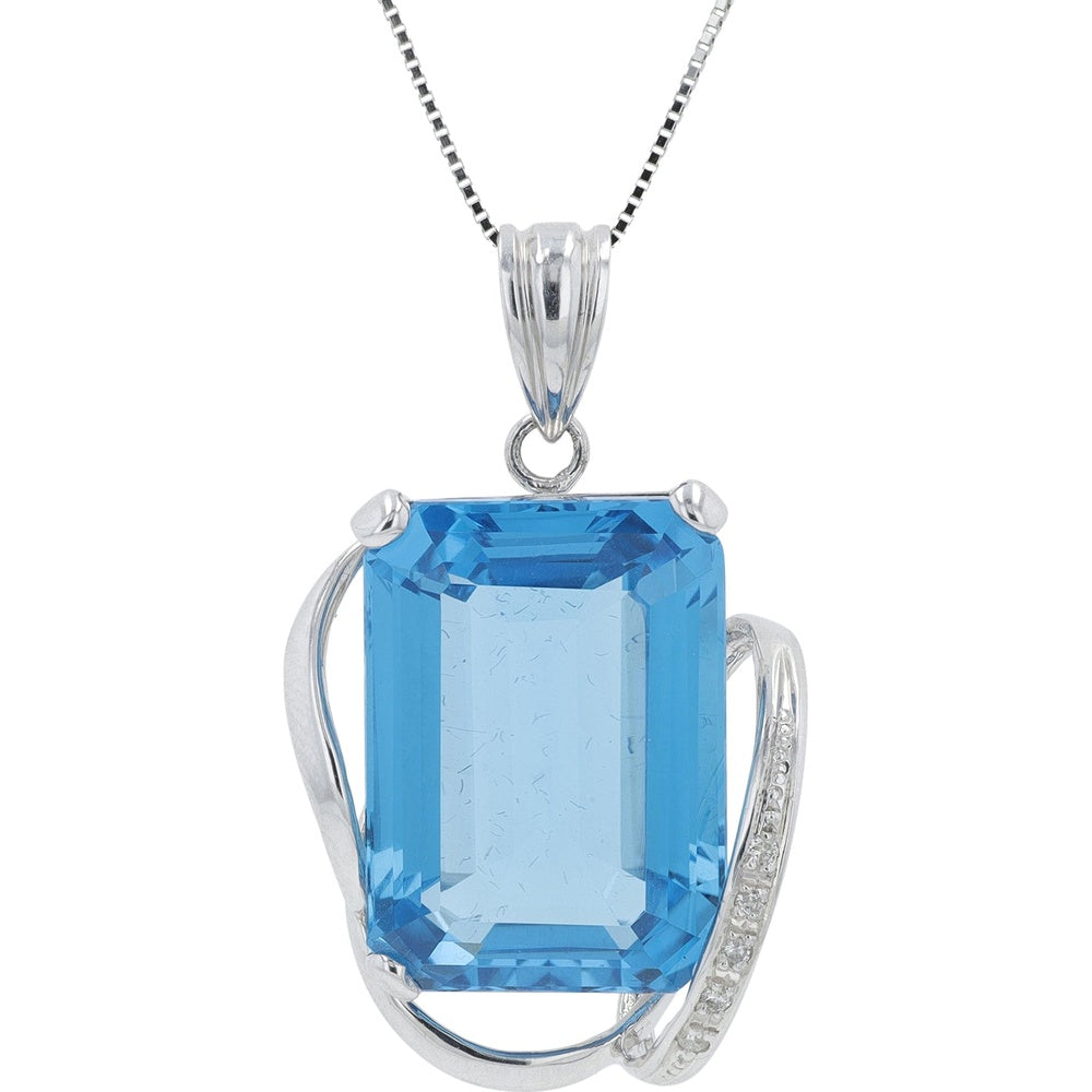18K White Gold Pendant with Emerald-Cut Blue Topaz and Diamond Accents - 35.00 Carat Total Gem Weight