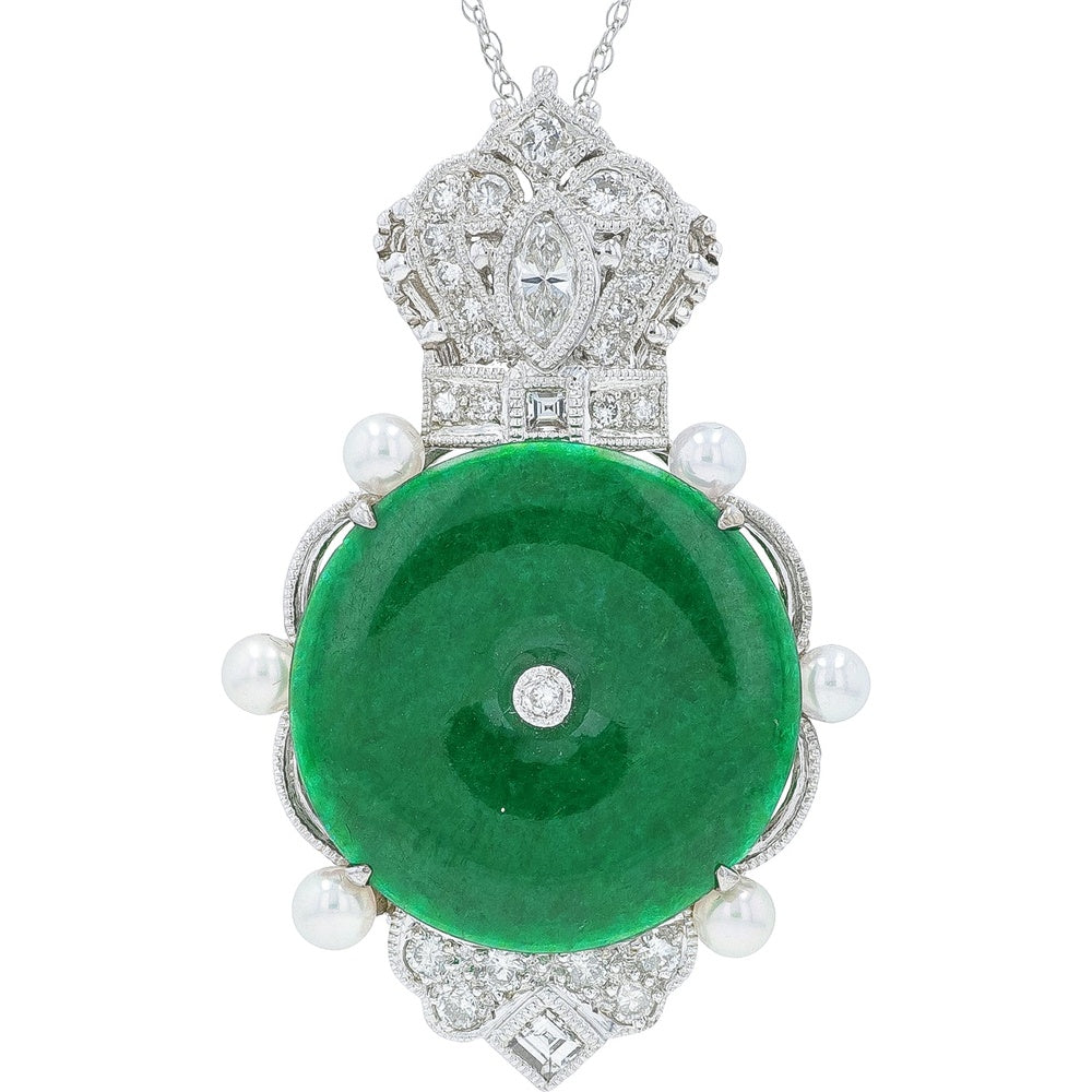 18K White Gold Pendant with Jade Bi Disc and Luminous Pearl Accents - 0.63 Carat Total Diamond Weight
