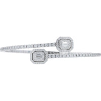 18K White Gold Penny Preville Diamond Bypass Bangle with Octagonal Double - Halo Ends and Emerald - Cut Centers - 3.01 Carat Total Diamond Weight