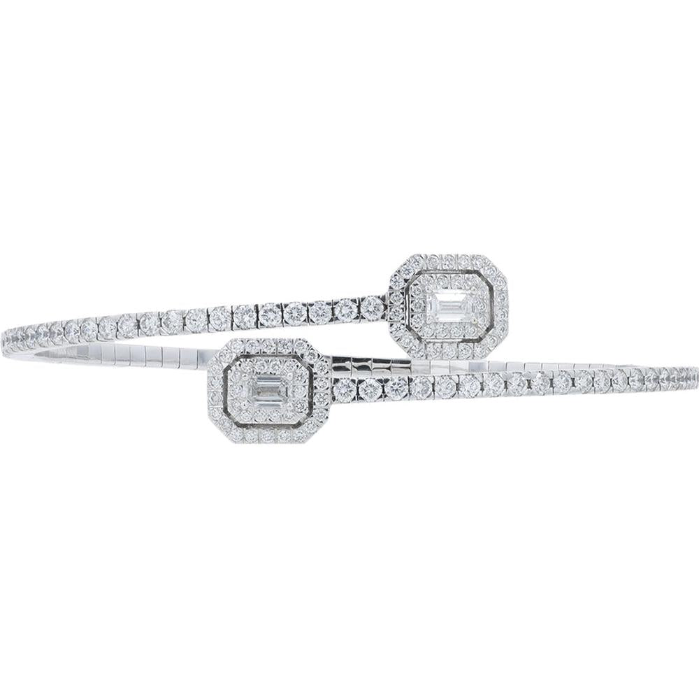 18K White Gold Penny Preville Diamond Bypass Bangle with Octagonal Double - Halo Ends and Emerald - Cut Centers - 3.01 Carat Total Diamond Weight