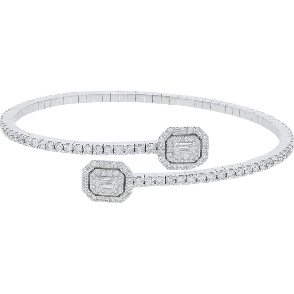 18K White Gold Penny Preville Diamond Bypass Bangle with Octagonal Double - Halo Ends and Emerald - Cut Centers - 3.01 Carat Total Diamond Weight