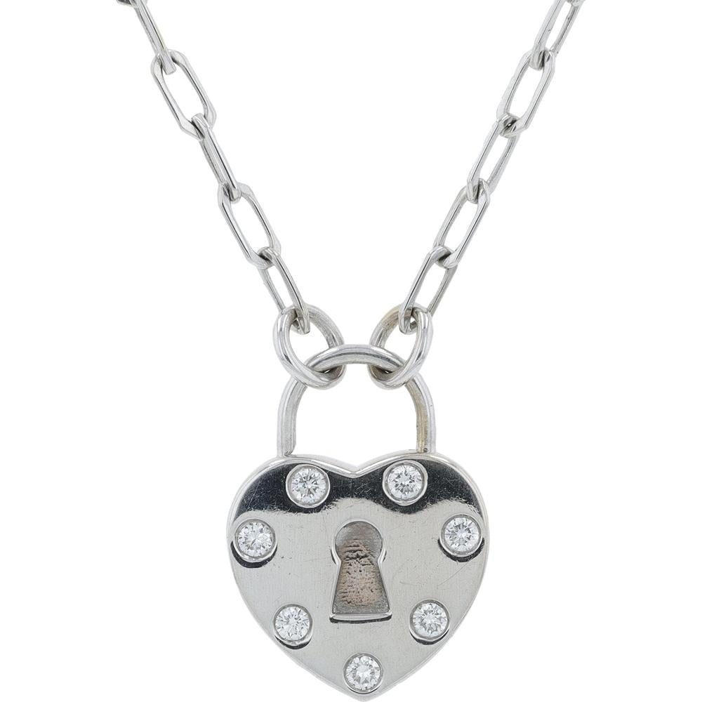 18K White Gold Penny Preville Diamond Heart Lock Necklace - 0.21 Carat Total Diamond Weight
