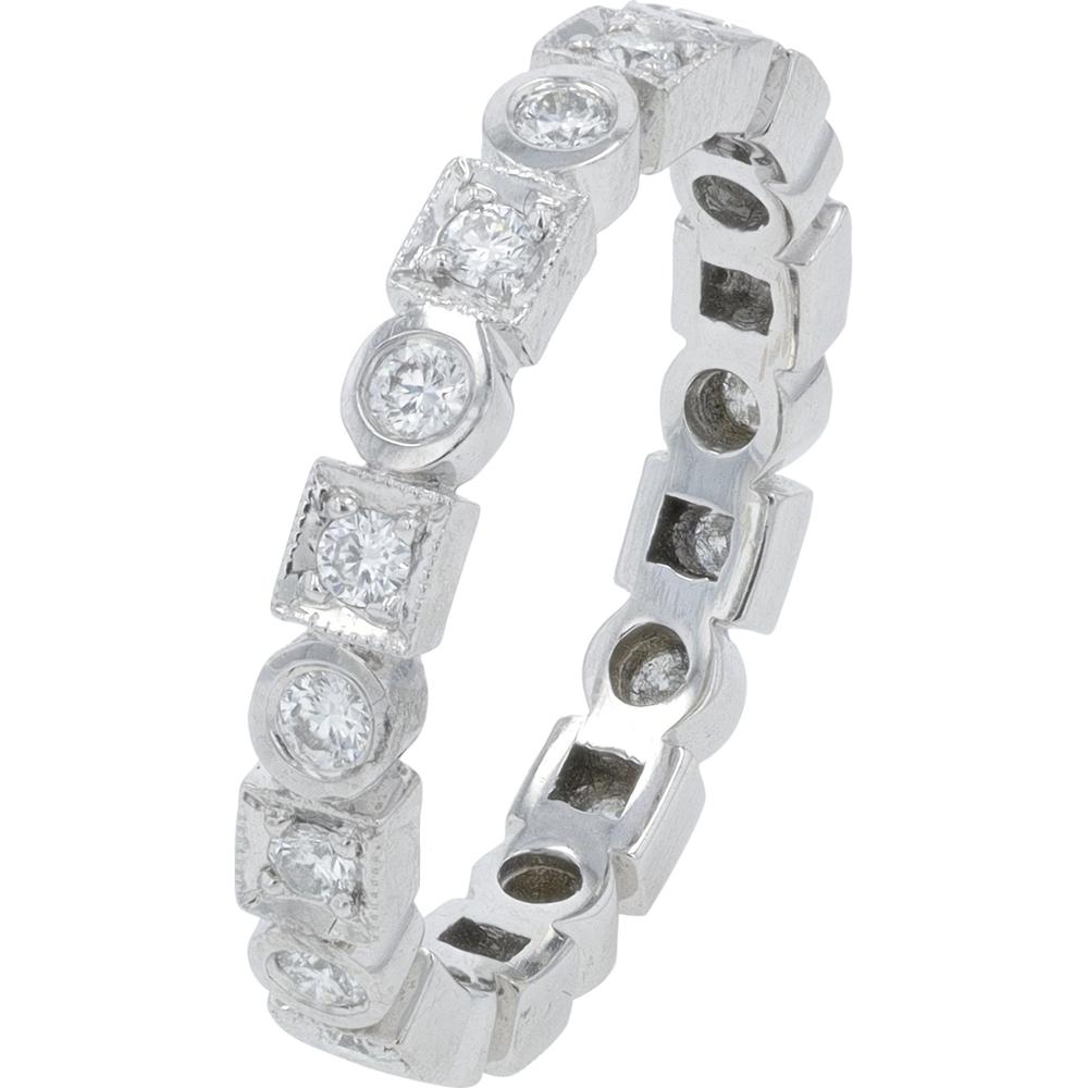 18K White Gold Penny Preville Eternity Band with Alternating Bezel - Set Round and Milgrain - Frame Square Diamonds - 0.55 Carat Total Diamond Weight