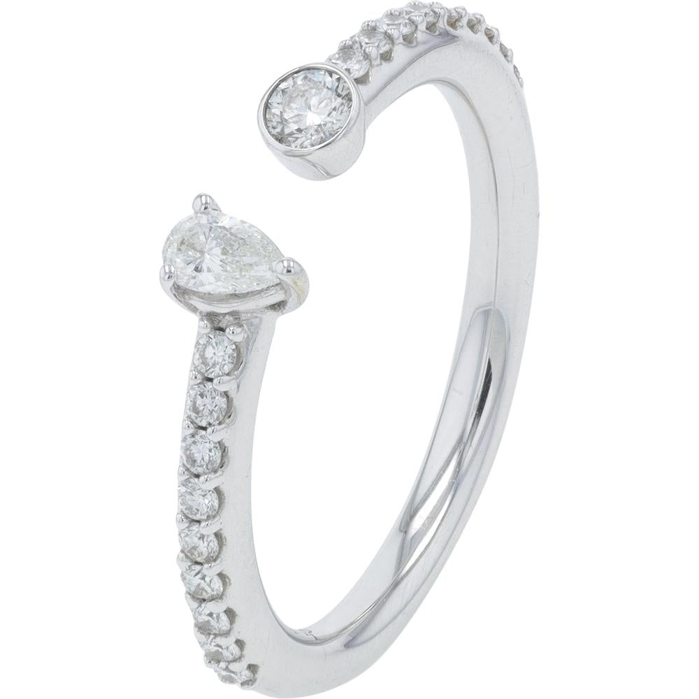 18K White Gold Penny Preville Open Cuff Ring with Pear & Bezel Set Round Diamonds - 0.37 Carat Total Diamond Weight