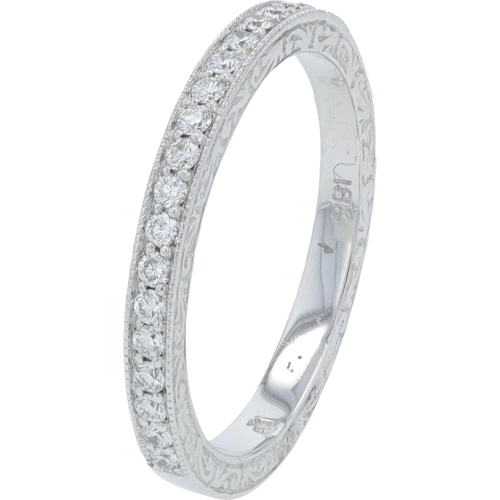18K White Gold Penny Preville Slim Diamond Band Ring with Milgrain Edges and Channel - Set Round Diamonds - 0.22 Carat Total Diamond Weight