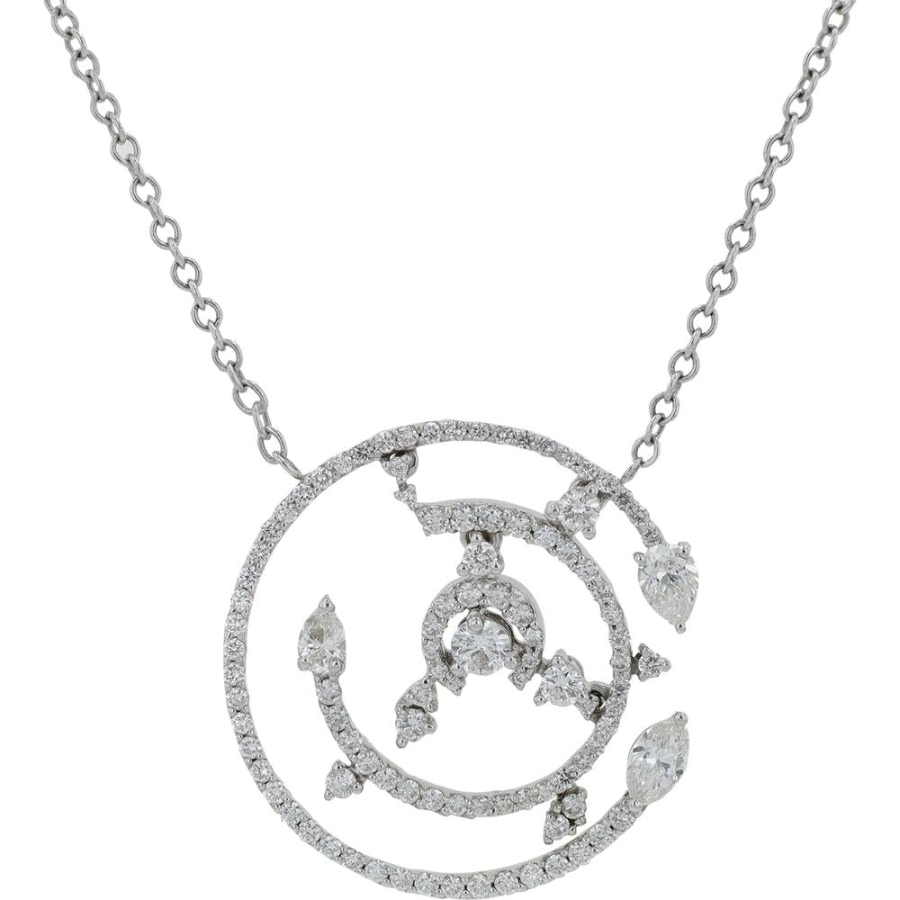 18K White Gold Penny Preville Swirl Circle Diamond Pendant Necklace with Pear - Shaped Diamond Accents - 1.26 Carat Total Diamond Weight