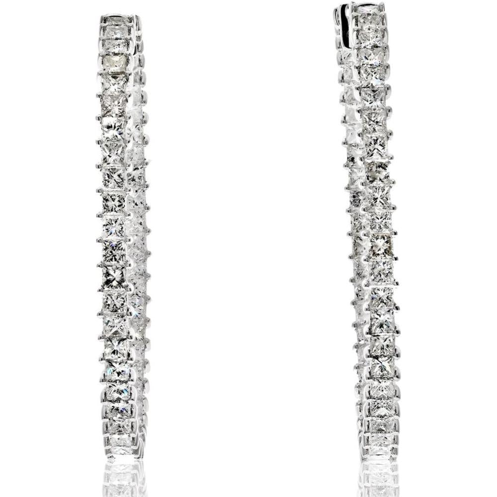 18K White Gold Princess Cut Diamond Hoop Earrings - 9.62 Carats Total Diamond Weight