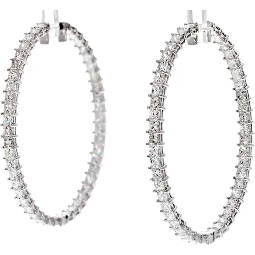 18K White Gold Princess Cut Diamond Hoop Earrings - 9.62 Carats Total Diamond Weight