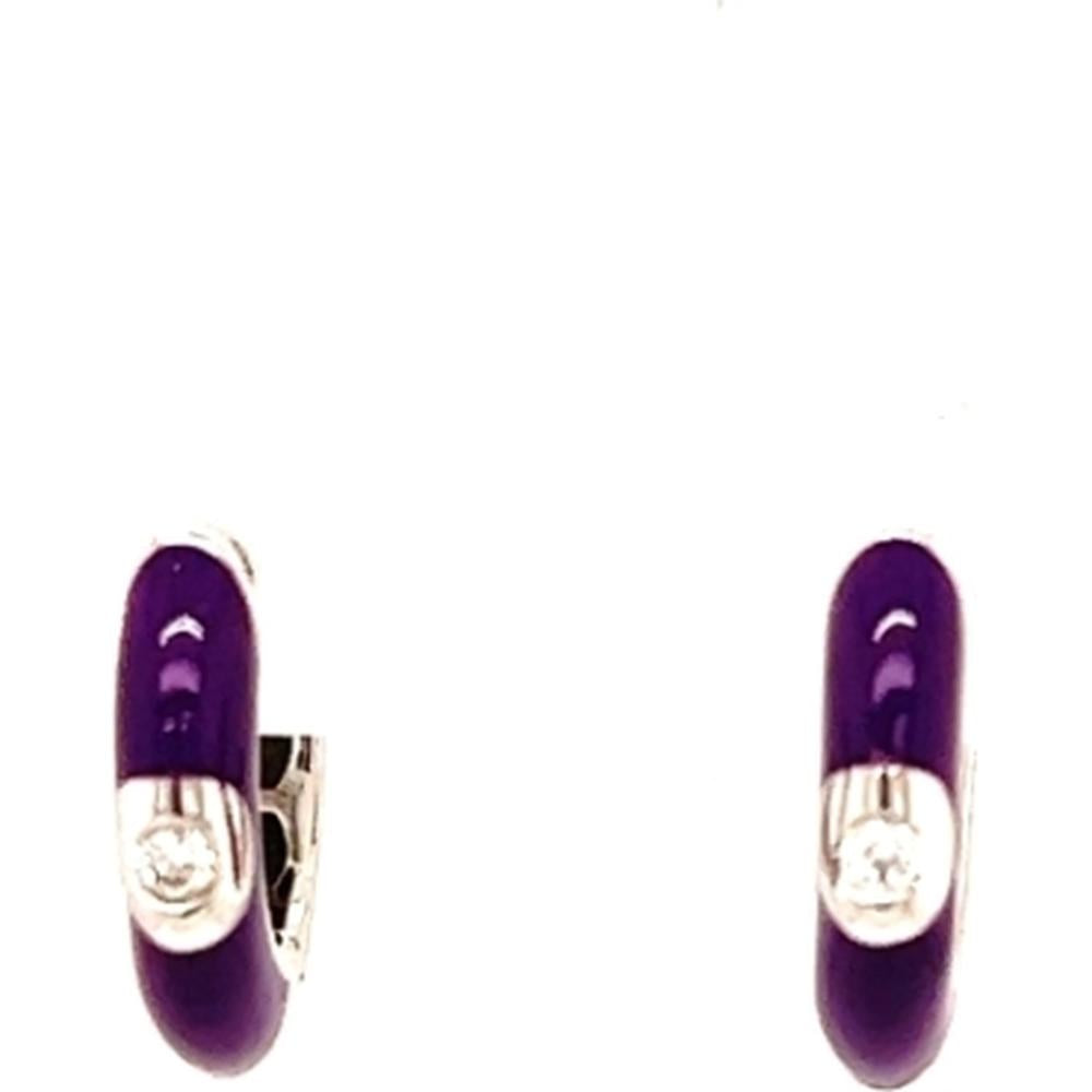 18K White Gold Purple Enamel Huggie Earrings with Round Diamonds by Afarin