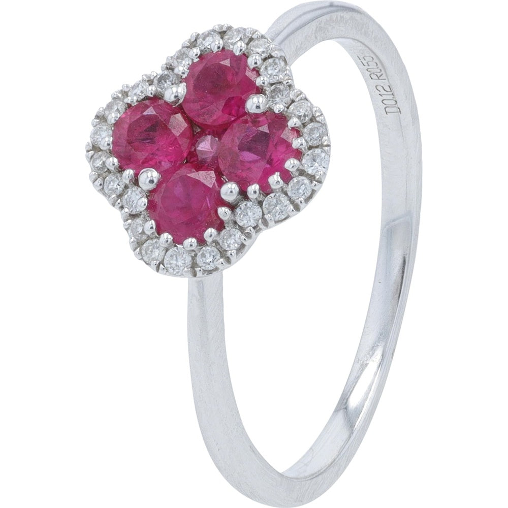 18K White Gold Quatrefoil Cluster Ring with Halo Set Round Rubies and Diamonds - 0.55 Carat Total Ruby Weight and 0.12 Carat Total Diamond Weight