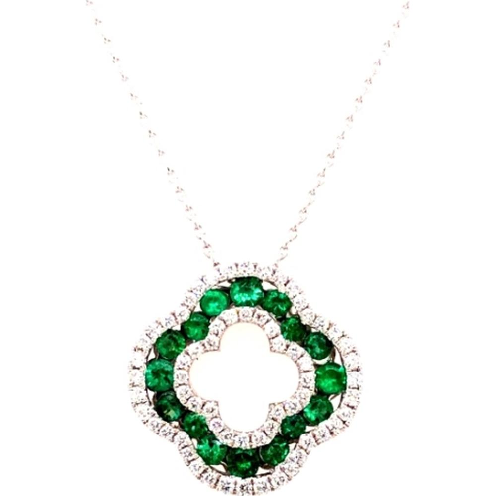 18K White Gold Quatrefoil Pendant with Emeralds and Diamond Halo by Afarin