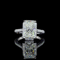 18K White Gold Radiant Cut Diamond Halo Ring with Pavé Shank - 5.46 Carat Total Weight (4.10 Carat F VVS2 Center) - Covaloro Fine Jewelry