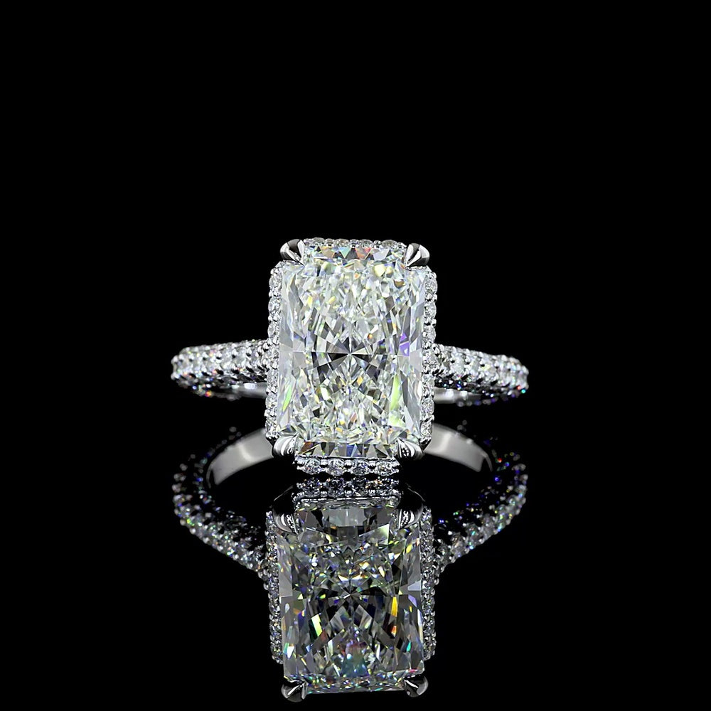 18K White Gold Radiant Cut Diamond Halo Ring with Pavé Shank - 5.46 Carat Total Weight (4.10 Carat F VVS2 Center) - Covaloro Fine Jewelry