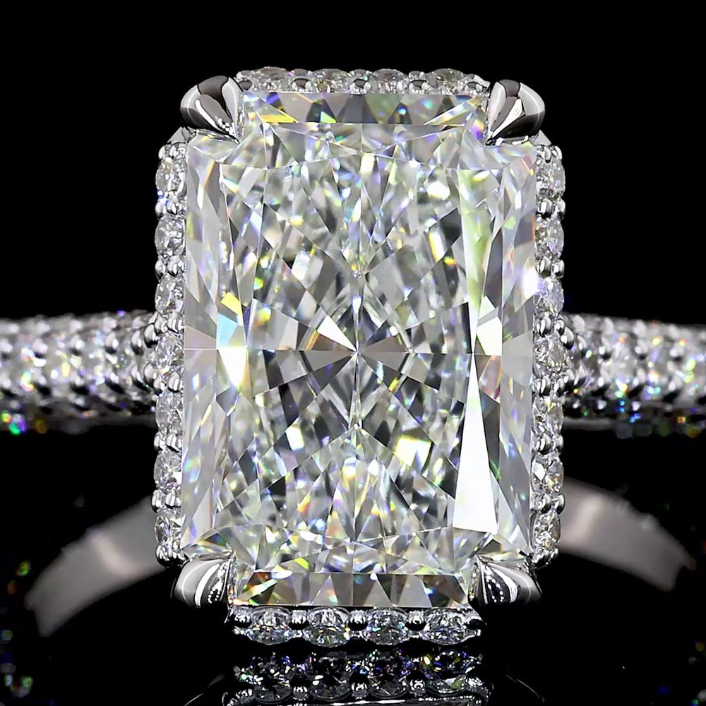 18K White Gold Radiant Cut Diamond Halo Ring with Pavé Shank - 5.46 Carat Total Weight (4.10 Carat F VVS2 Center) - Covaloro Fine Jewelry