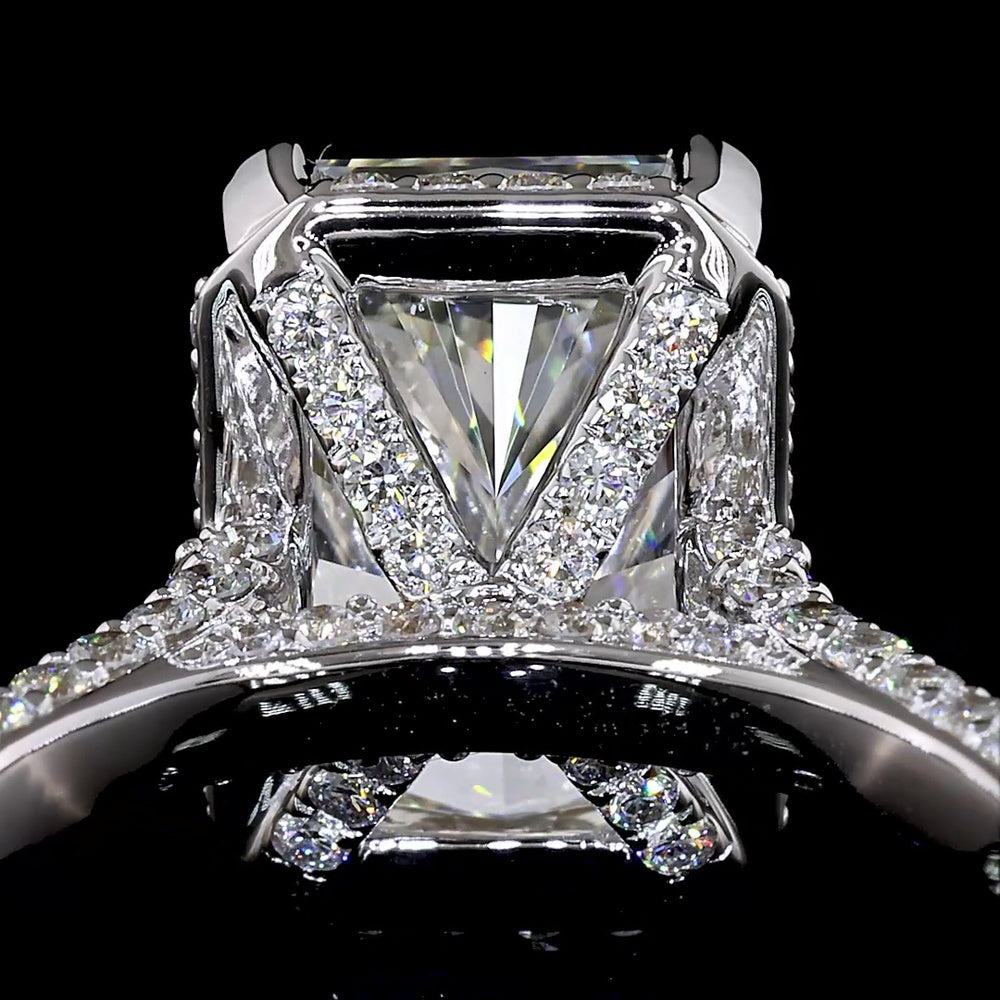 18K White Gold Radiant Cut Diamond Halo Ring with Pavé Shank - 5.46 Carat Total Weight (4.10 Carat F VVS2 Center) - Covaloro Fine Jewelry
