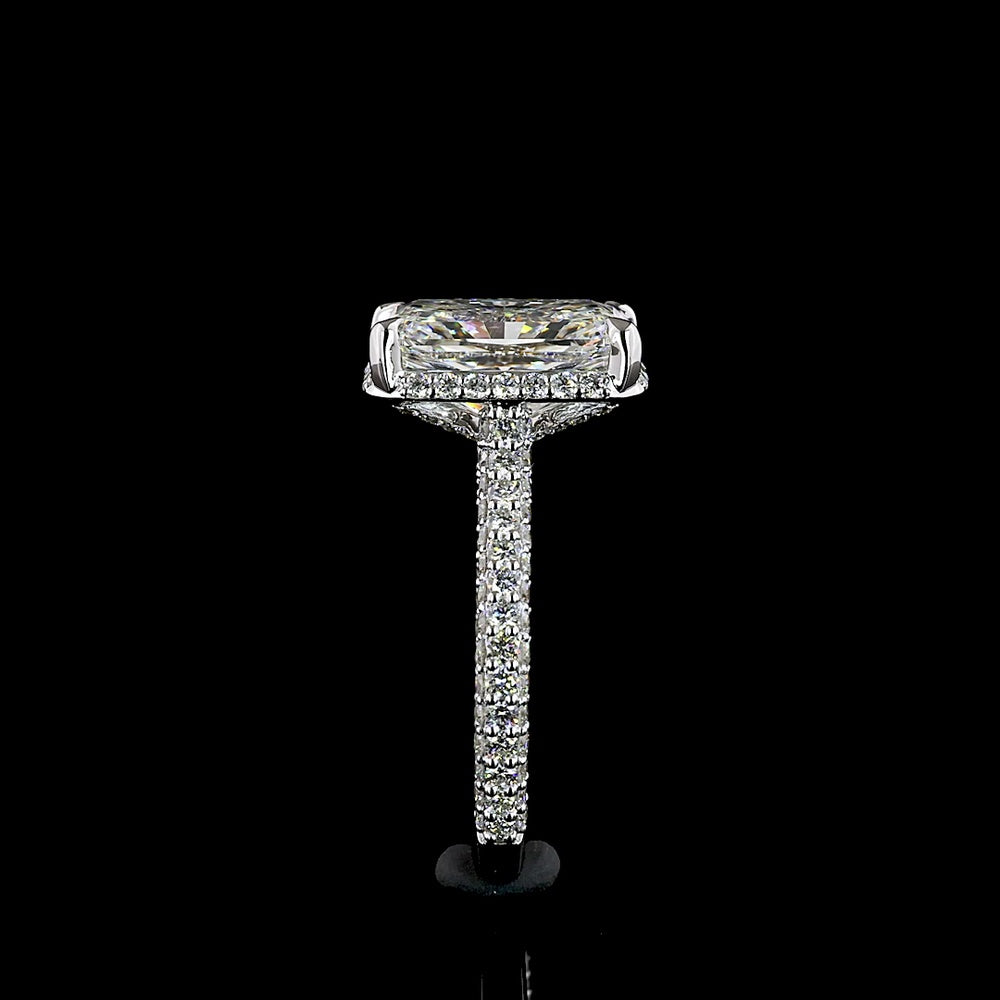 18K White Gold Radiant Cut Diamond Halo Ring with Pavé Shank - 5.46 Carat Total Weight (4.10 Carat F VVS2 Center) - Covaloro Fine Jewelry
