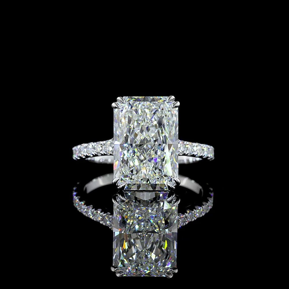 18K White Gold Radiant Cut Hidden Halo Ring with 5.12 Carat F VVS2 Lab Diamond and 34 Diamond Accents - 5.71 Total Carat Weight - Covaloro Fine Jewelry