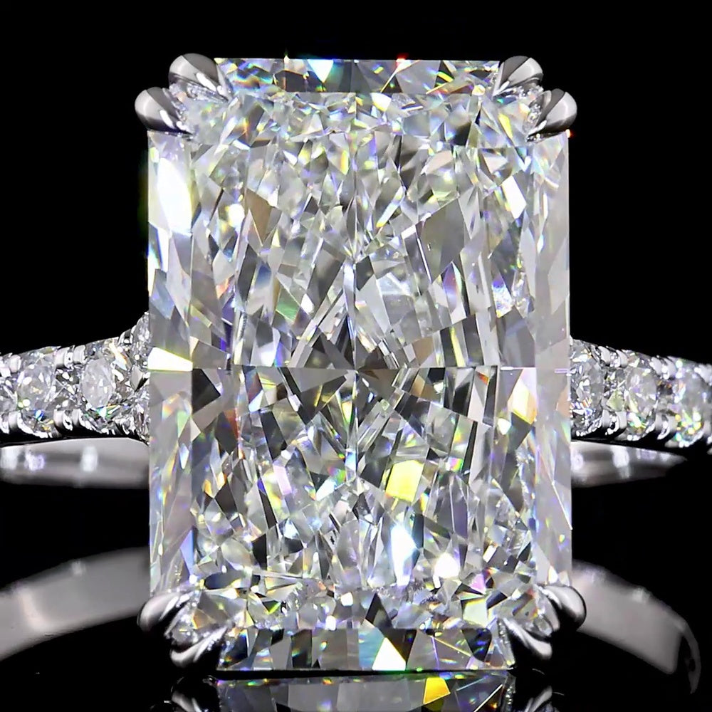 18K White Gold Radiant Cut Hidden Halo Ring with 5.12 Carat F VVS2 Lab Diamond and 34 Diamond Accents - 5.71 Total Carat Weight - Covaloro Fine Jewelry