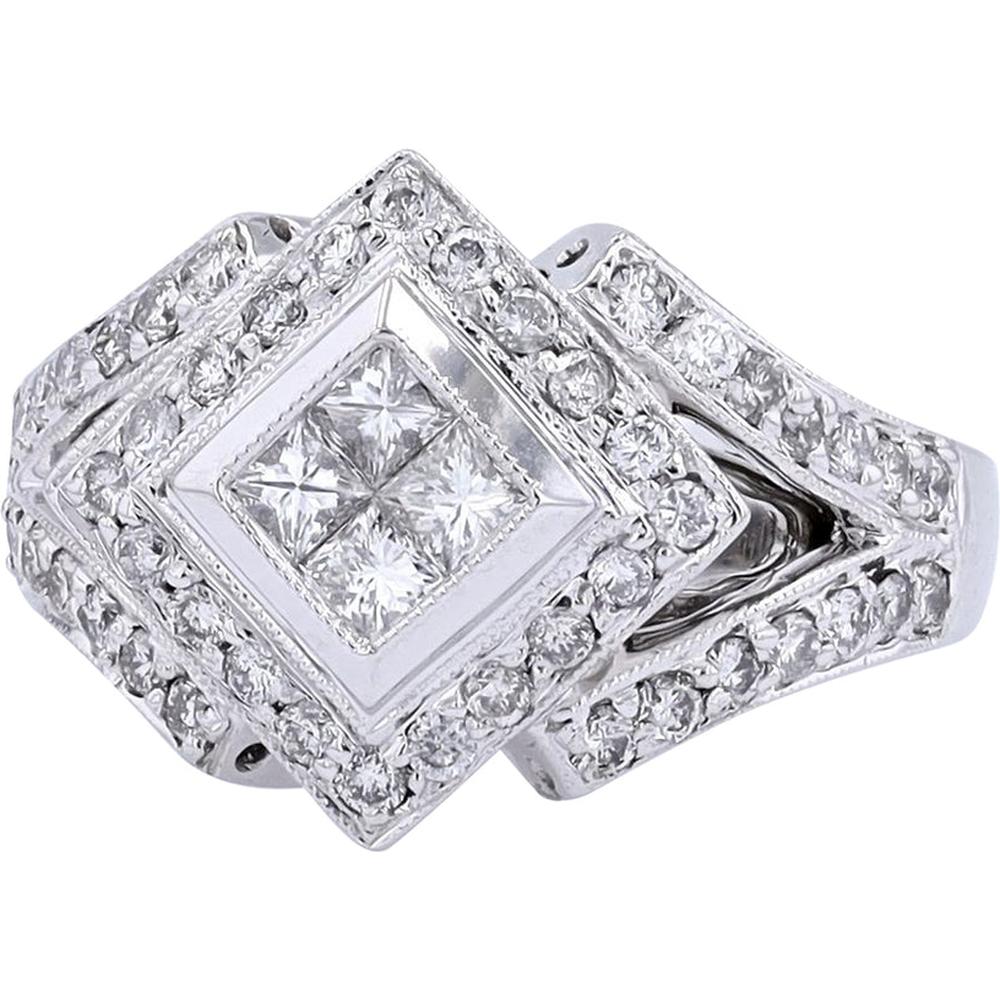 18K White Gold Radiant Diamond Invisible Set Center Ring - 1.28 Carat Total Diamond Weight