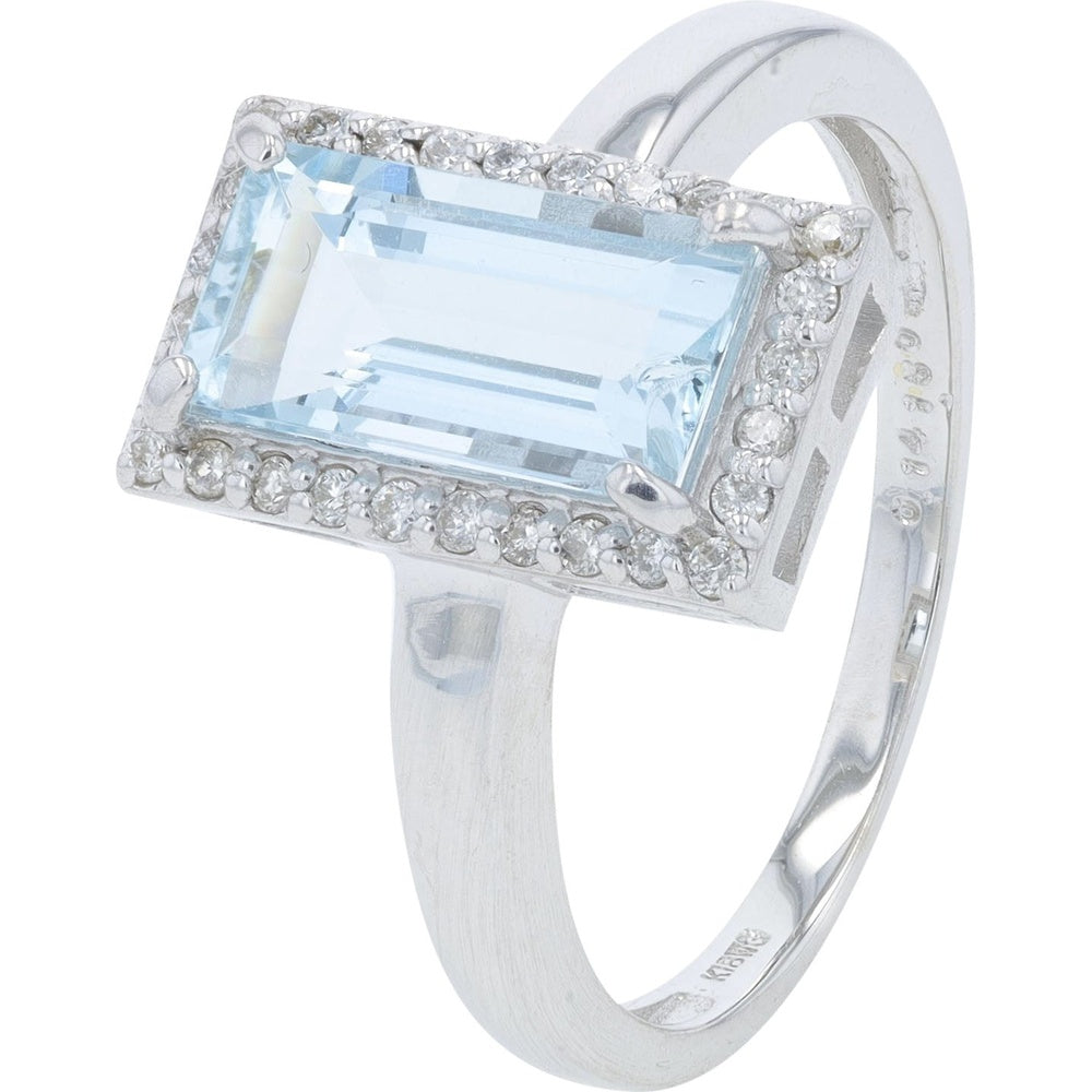 18K White Gold Rectangular Aquamarine Ring with Diamond Halo - 1.50 Carat Main Stone and 0.14 Carat Total Diamond Weight